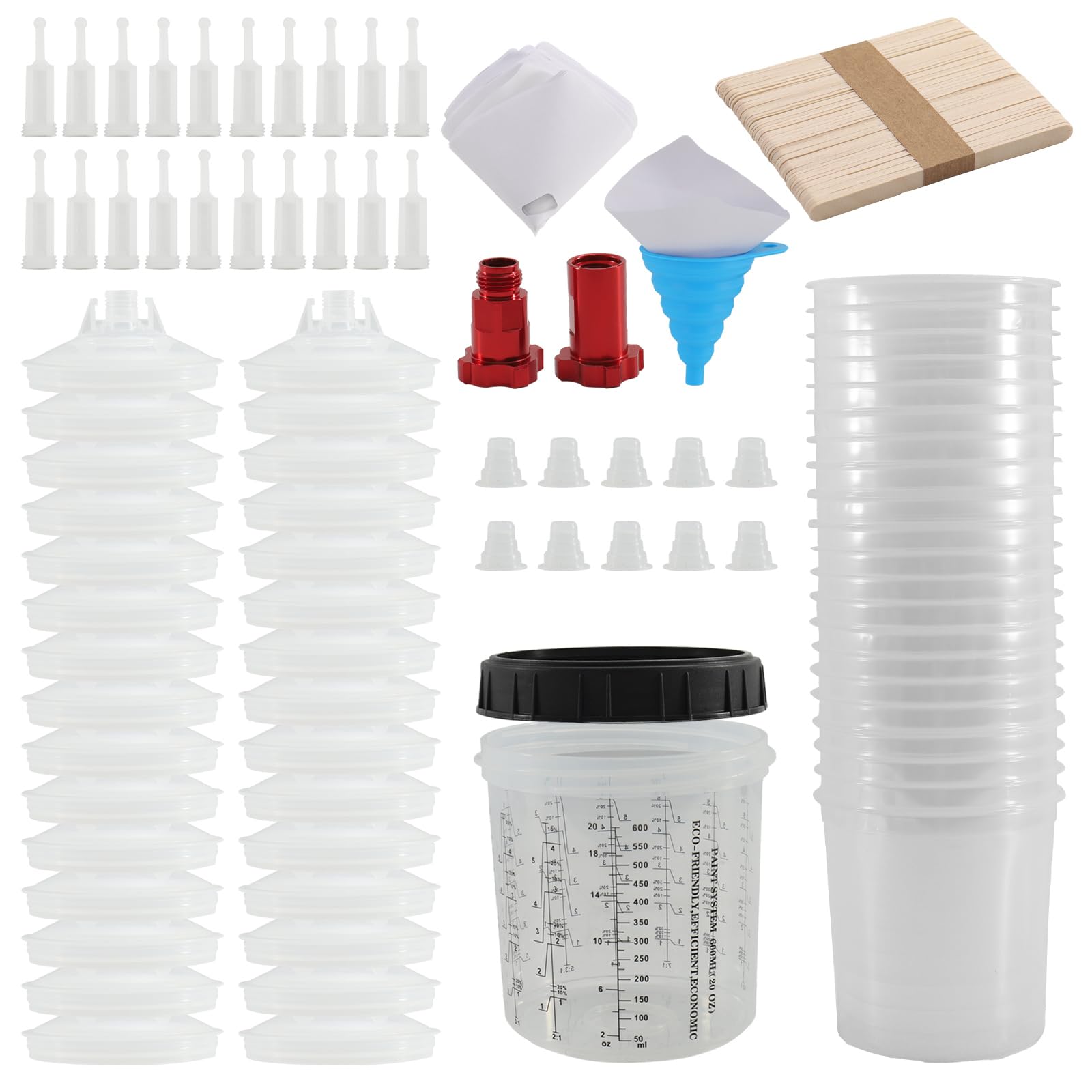 Ensemble de Godets de Peinture 600ML pour Pistolets HVLP/LVLP, Gobelet Réutilisable avec Graduation, mit Gobelets Jetables, Filtres, Bouchons, Entonnoir, Adaptateurs et Mélangeurs en Bois