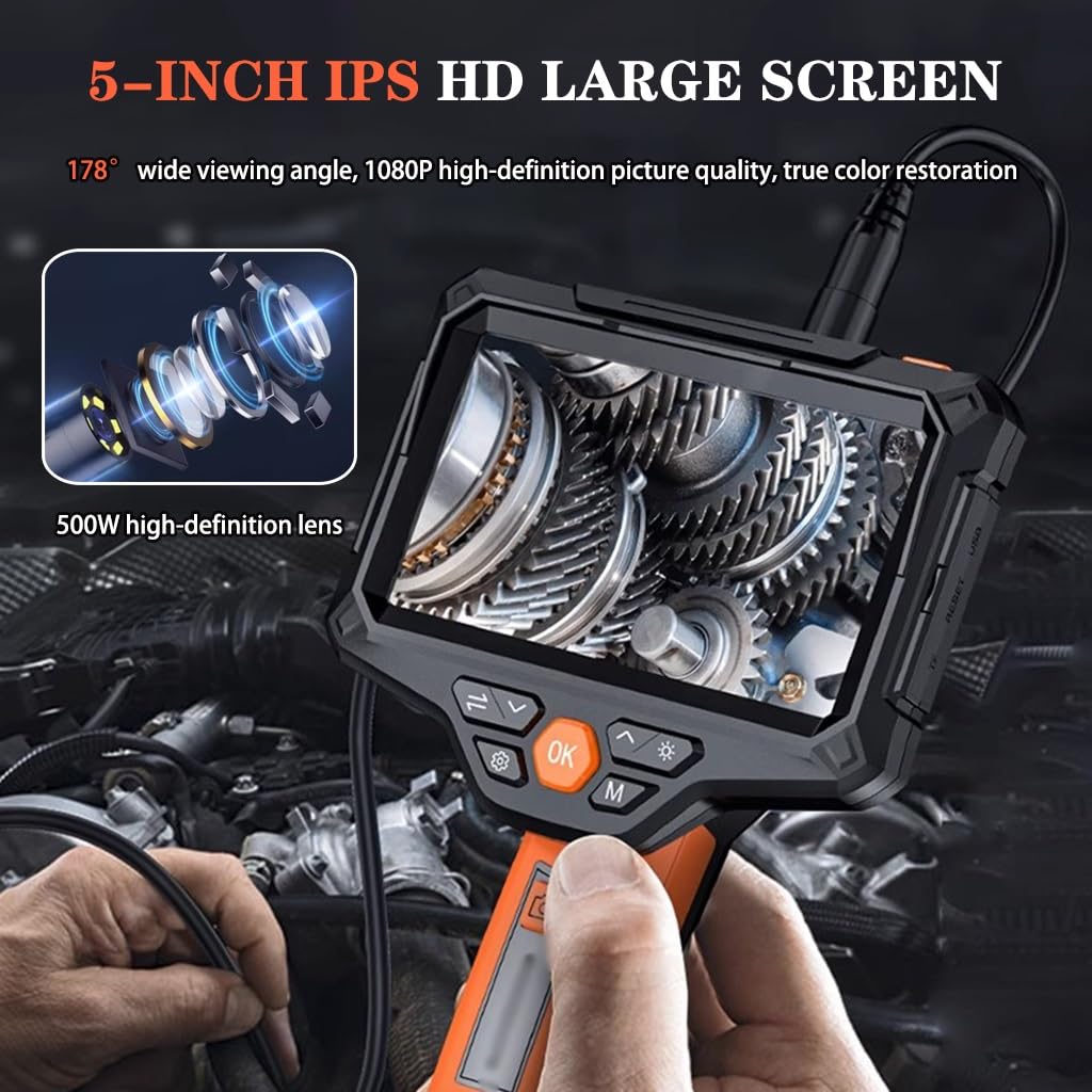 Endoscopio Industriale Telecamera Borescopica A Lente Singola con 6 Luci, Telecamera Snake con Schermo IPS HD da 5 Pollici, Telecamera di Ispezione Impermeabile IP67(Single Lens(5.5mm),10M)