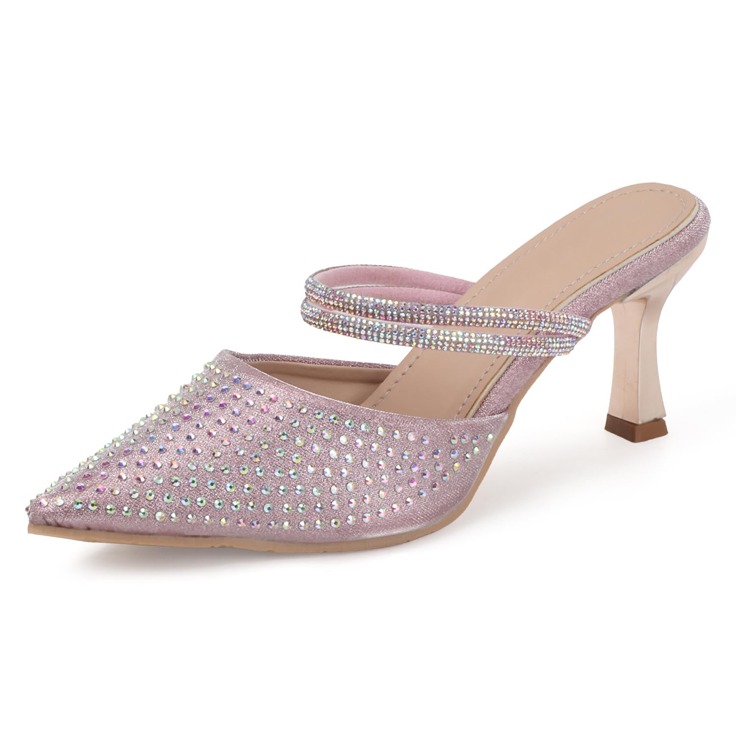 Women's Nude High-Heeled Mules Pointed Toe with Rhinestone Embellishment & Gold Geometric Heel-image-15