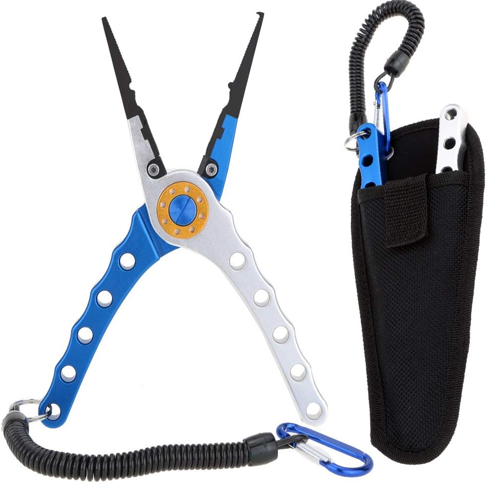 Lixada Fishing Pliers Saltwater Aviation Aluminum with Sheath and Lanyard - Braid Cutters Split Ring Pliers Hook Remover Line Cutting Stainless Steel Jaw Fish Holder, Durable & Lightweight