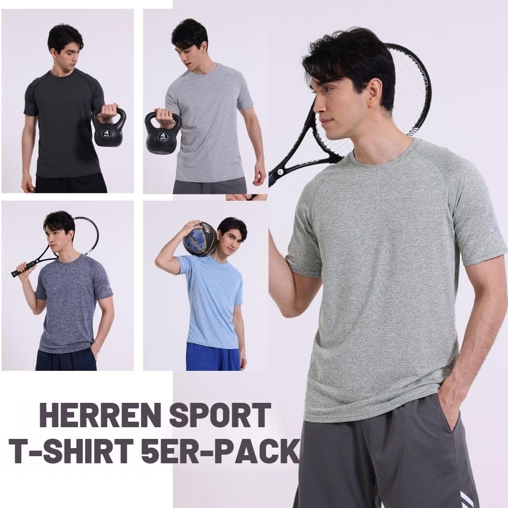Herren-T-Shirt kurzärmelig Rundhalsausschnitt atmungsaktiv Sportoberteil 5 Stück