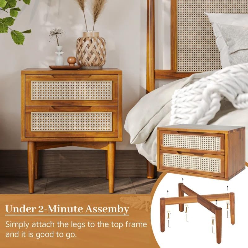 Image of MISAN Boston Solid Wood Bedside Table with Rattan Drawers Mid Century Night Stand for Living Room, Bedroom (Y-Hony)