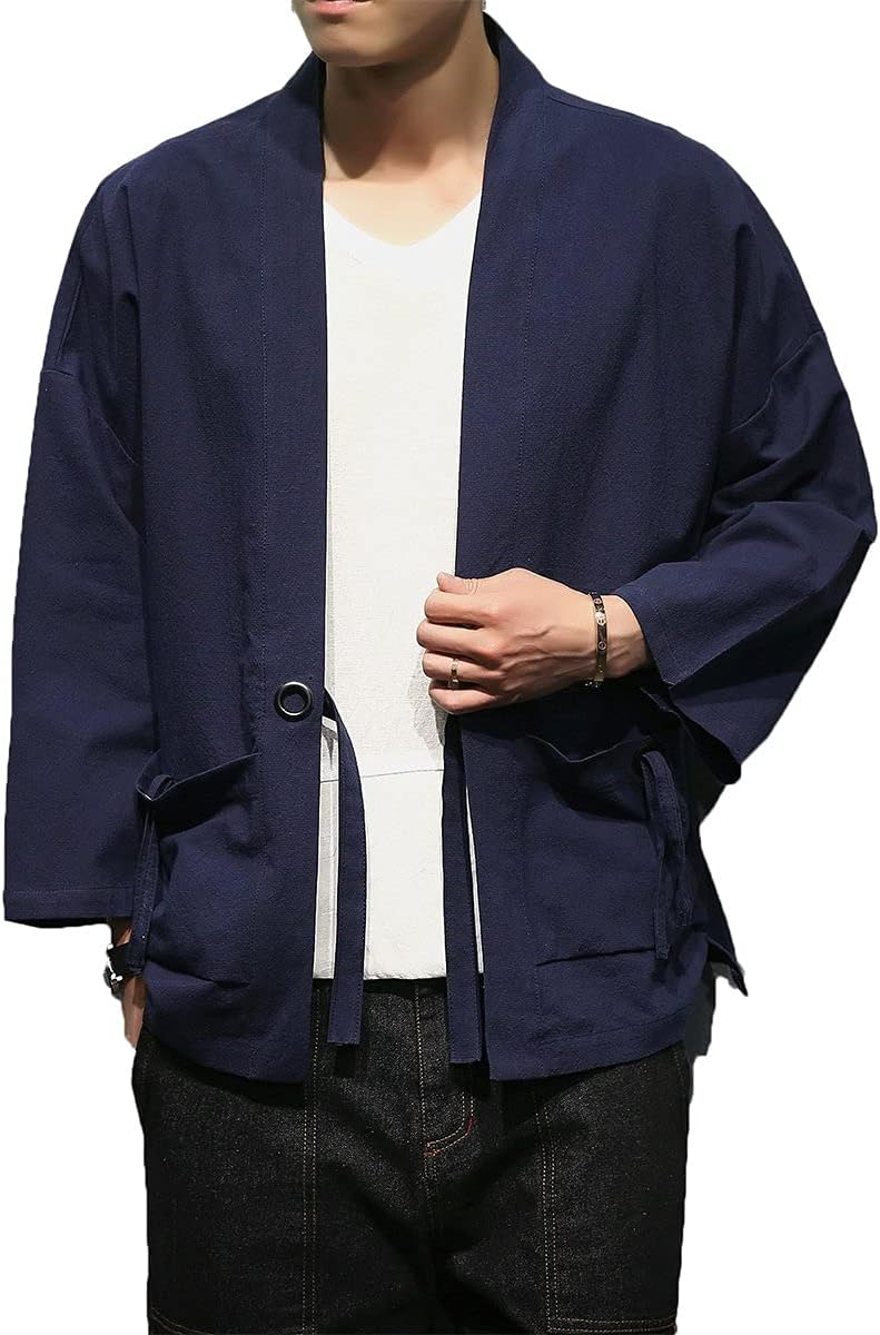 PRIJOUHE Men's Kimono Jackets Cardigan Casual Cotton Blends Linen Seven Sleeve Open Front Embroidery Coat - Image 5