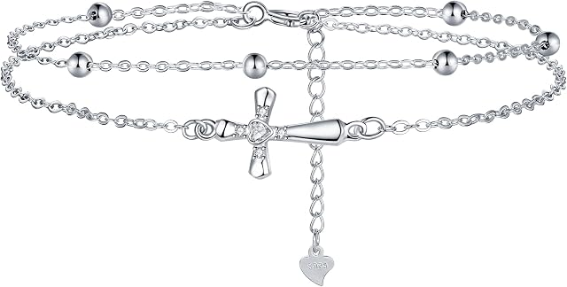 Lydreewam Cross Bracelet for Women 925 Sterling Silver Double Chain Crucifix Bracelet with 3A Cubic Zirconia & Gift Box, Bracelet for Christmas Christian Communion, Adjustable 17+4cm
