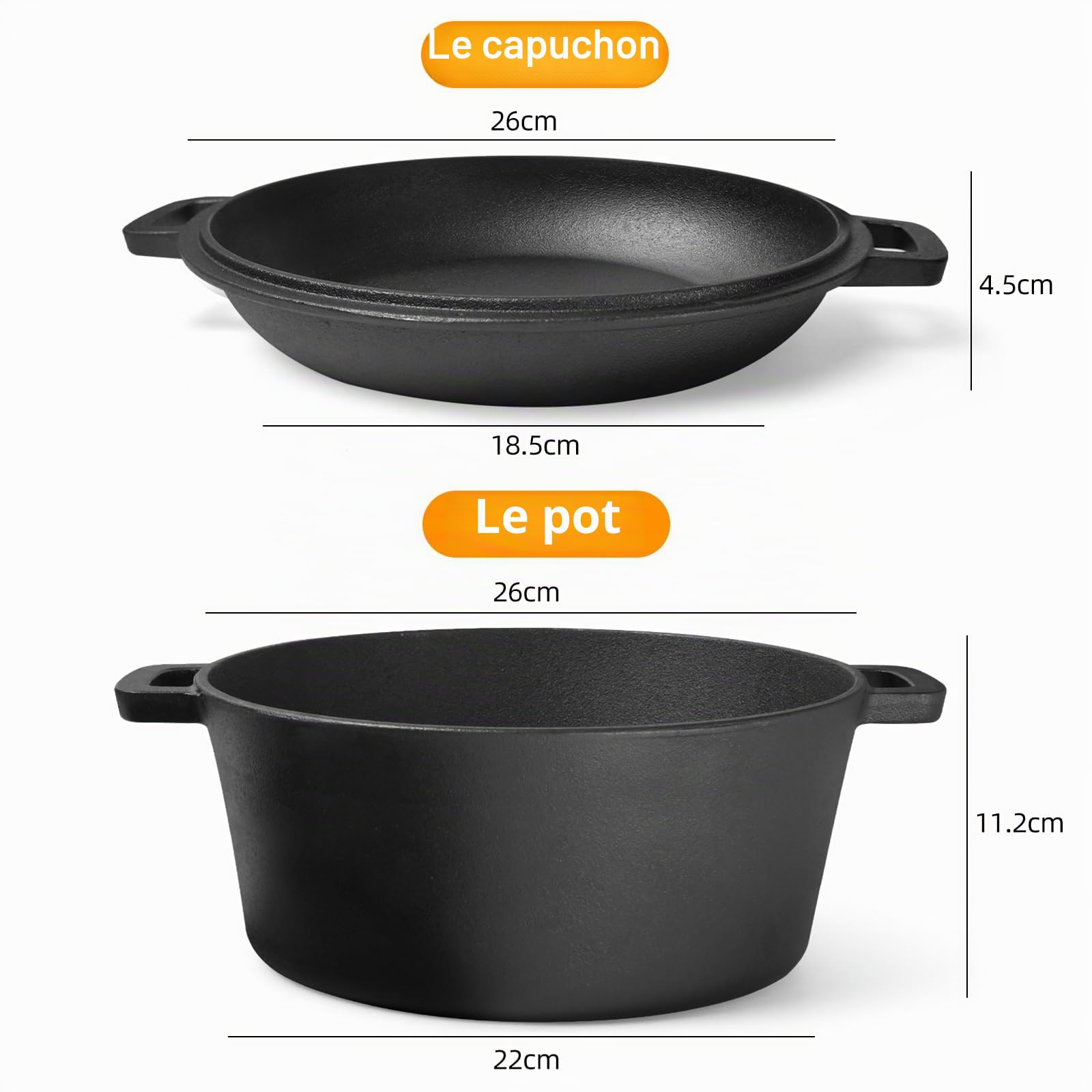 Casserole en fonte de 4,5 l - Couvercle tout-en-un - Idéale pour la cuisson du pain, le ragoût et la cocotte - Compatible avec induction, gaz, camping, feu, barbecue et barbecue - 26 cm