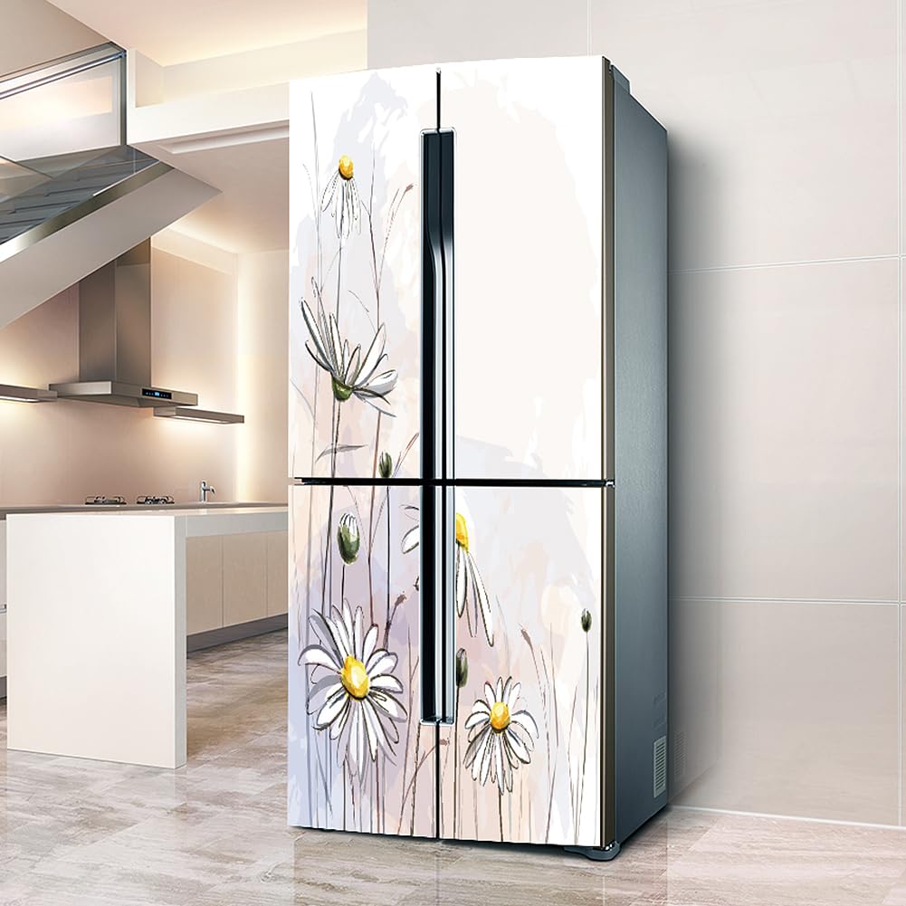Fridge Wraps Kitchen Fridge Stickers Cover Full Doors, Fridge Sticker Full Covering Door Fridge Covers Skins Wall Stickers for Kitchen Decal, White Wild Chrysanthemum
