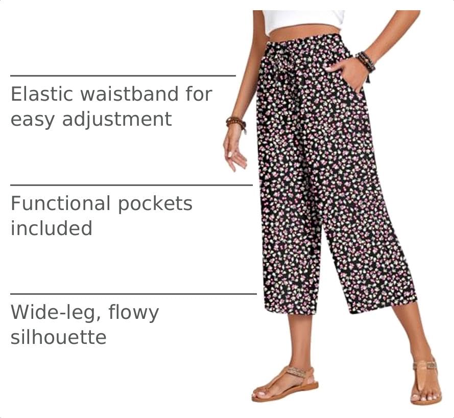 Image of Anyhold Women's Capri Pants Drawstring Casual Palazzo Trousers with Pockets Loose High Waisted Wide Leg Lounge Pants