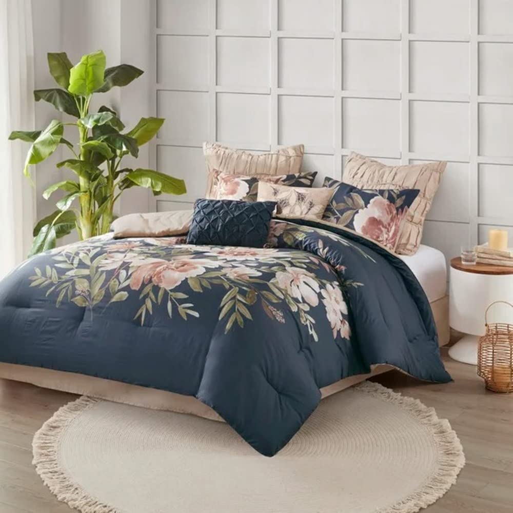 TRP 8 Piece Beautiful Chic Cotton Comforter Set Queen Size | All Season Modern & Elegant Look Super Soft Cozy Luxury Plush | Floral Bedding Extra Comfy Cool Navy Blue Pink & Green Color Decorative