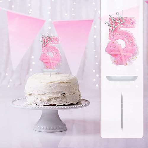 Miniatura 4 de Velas de número de cumpleaños, velas de malla con lazo de corona de 2.95 pulgadas, velas de números rosas con purpurina, velas de cumpleaños con