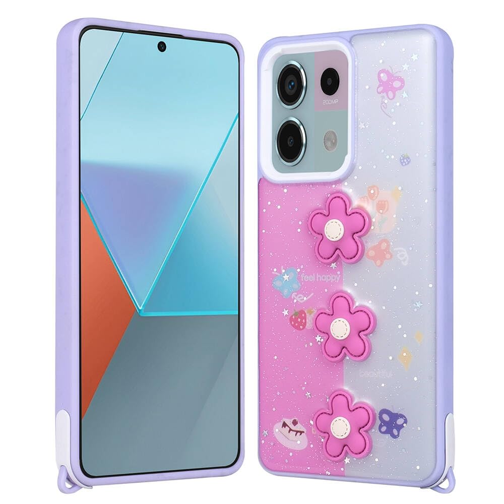 Zore Xiaomi ile uyumlu Redmi Note 13 Pro 5G Kılıf Parlayan Simli Kabartma Figürlü Zore Cevze Kapak Mor Papatya