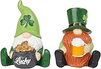 Vista 1 de Decoraciones de gnomos del día de San Patricio, 2 figuras de gnomo con tréboles de la suerte, tazas de cerveza, maceta de resina dorada, muñecas sin