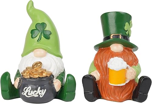 Decoraciones de gnomos del día de San Patricio, 2 figuras de gnomo con tréboles de la suerte, tazas de cerveza, maceta de resina dorada, muñecas sin