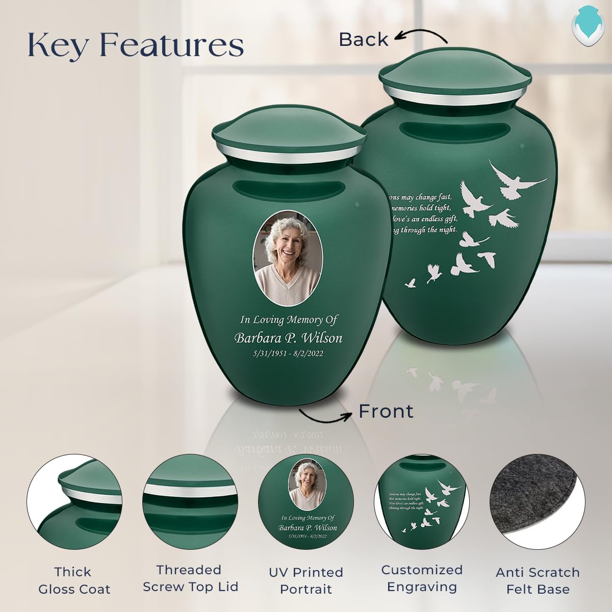 Geturns Embrace Adult Personalized Doves Cremation Urns for Human Ashes I Large Picture Green Funeral Urn for Adult Men and Women with Double Side Engraving I 200 lbs