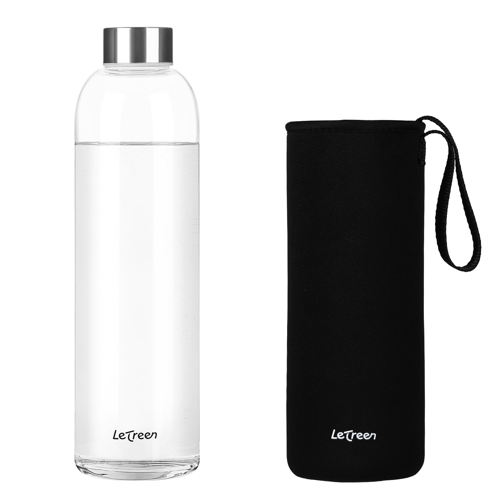 LETREEN Glass Water Bottle 1 Litre, Water Bottle 1L with Neoprene Sleeve, BPA-Free Leak Proof Reusable 1000ML Drinking Bottles for Hot Cold Drinks, Work, Gym, Home (Black)