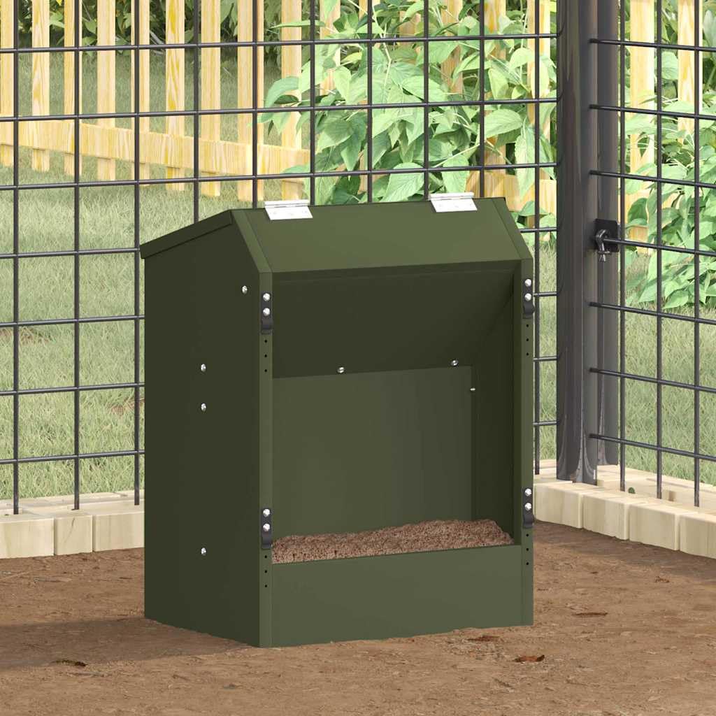Moderner Kaninchenfutterautomat aus Stahl in Olivgrün – Robuster Kleintierfütterer für drinnen und draußen, 33,5 x 25,5 x 45,5 cm