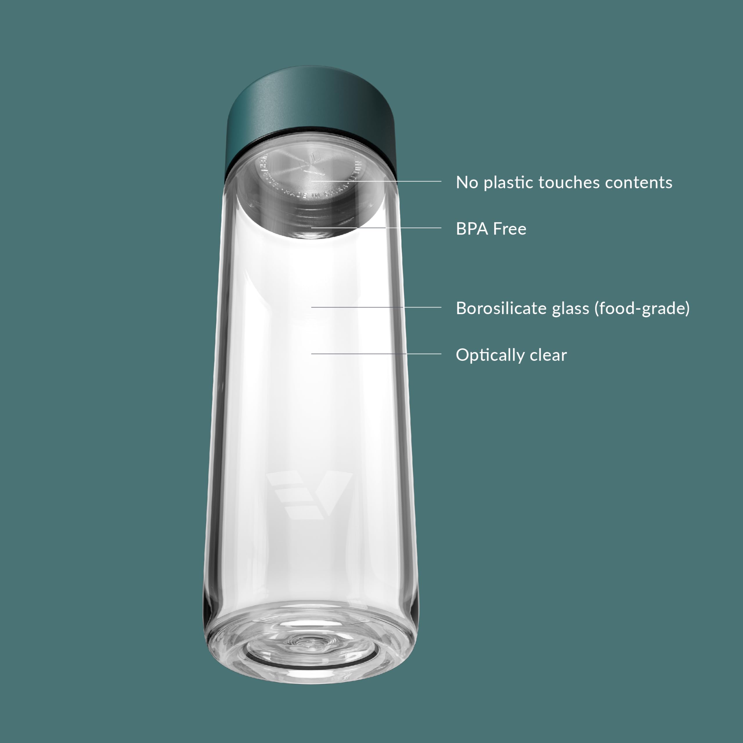 Botella de agua de vidrio de 20 onzas, sin aislamiento, vidrio de borosilicato, apta para lavavajillas, sin contacto de plástico, una experiencia de beber pura, verde azulado
