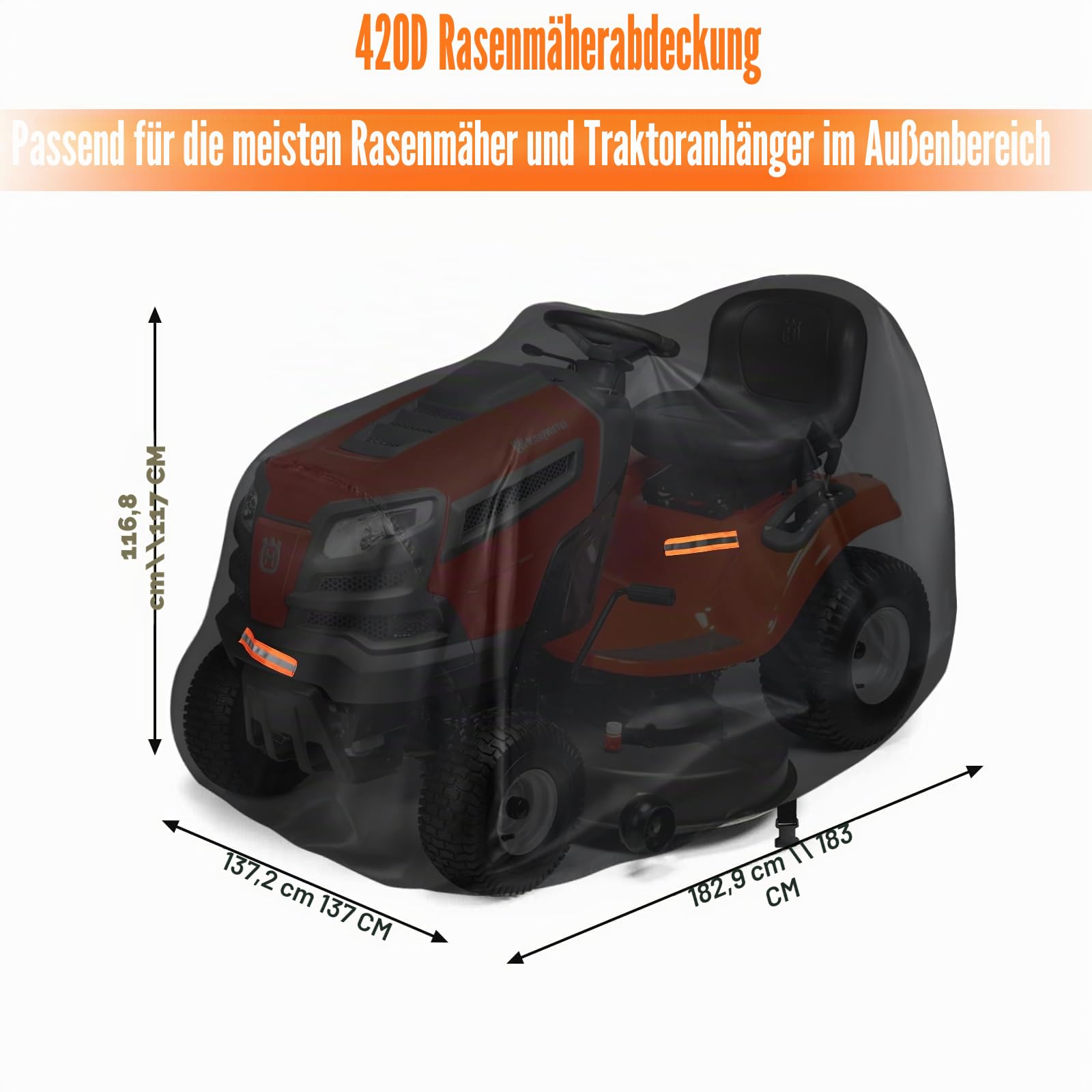 DOCEPERT Abdeckung Rasenmäher,Abdeckplane Rasentraktor Wasserdicht, Strapazierfähig, 420D Polyester Oxford Passend mit Reflektierendem Band und Winddichter Schnalle (L183 x W137 x H117CM)