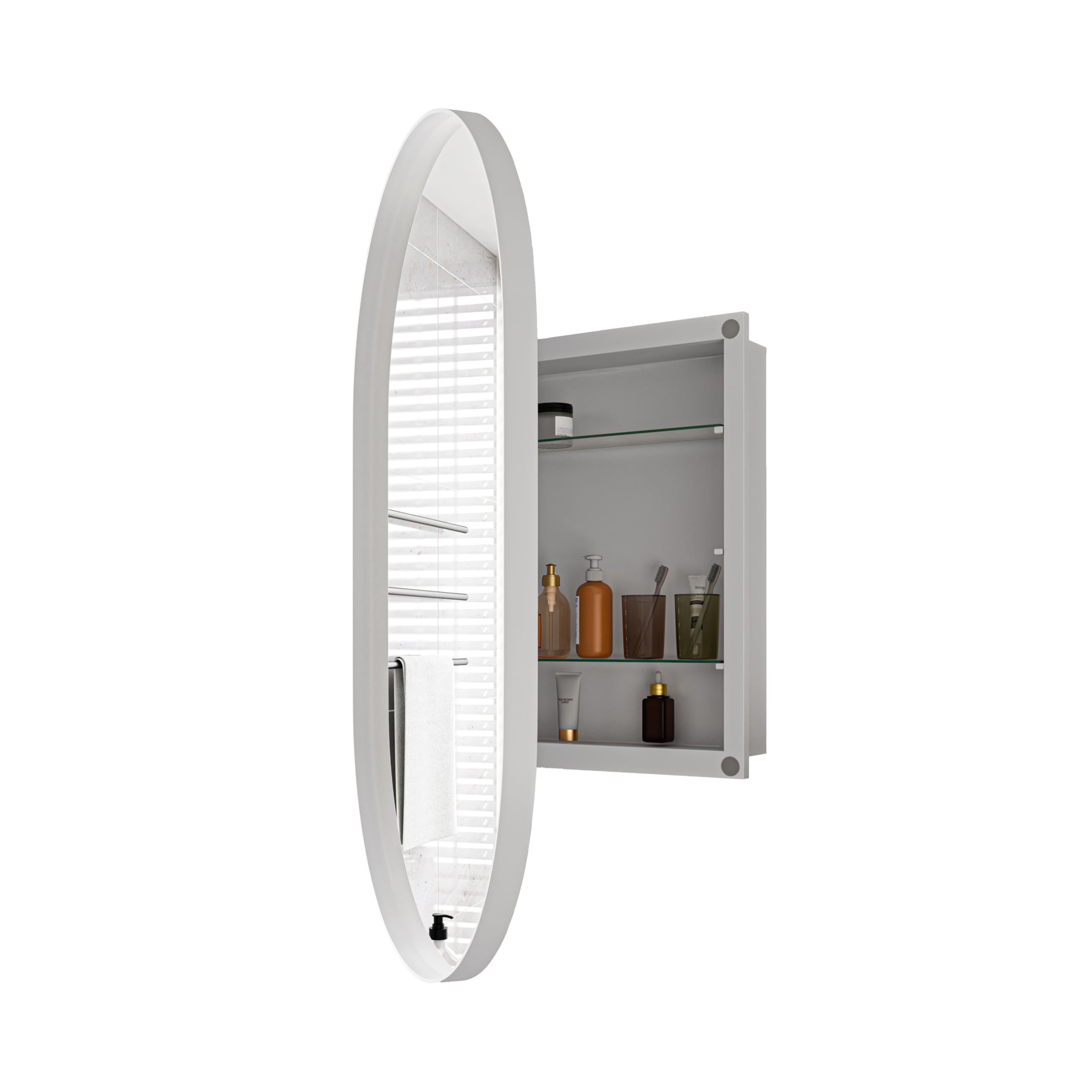 Mobile Specchio Ovale con Metallo, Armadietto da Incasso con Ripiani Regolabili e Cornice in Metallo, Specchio con Contenitore da Parete, Bianco, 85 x 51.5 x 12 cm