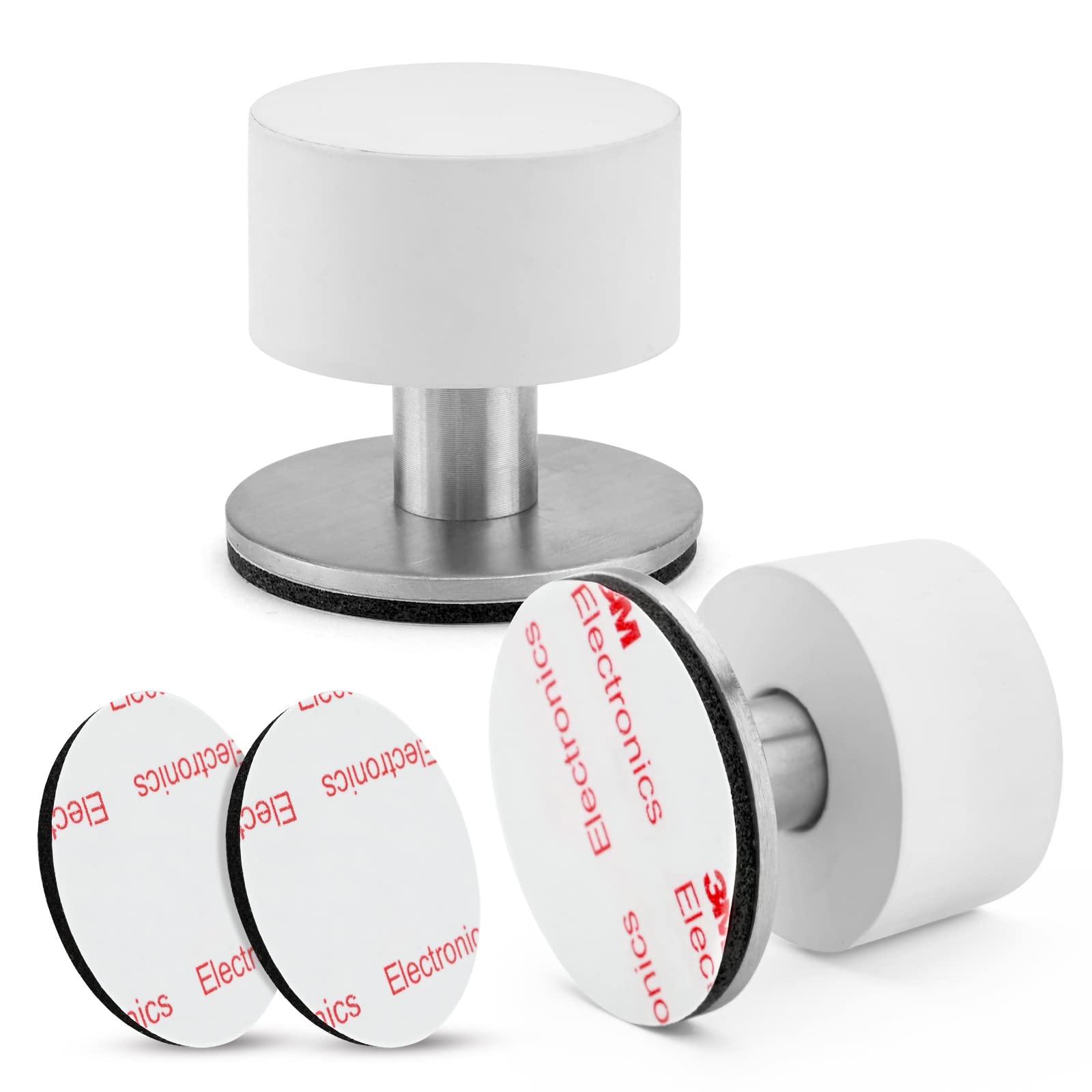 TSLBW2 Pieces Self-Adhesive Door Stops with 2 Extra Stickers, Rubber and Stainless Steel Body with Sound Dampening Bumper Top for Home Bedroom Kitchen Office (White)