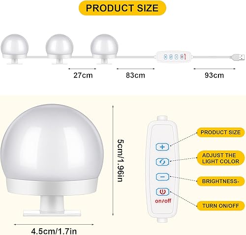 Miniatura 2 de Tuanse Juego de 2 luces LED de tocador, 28 bombillas regulables con 3 modos de color, luz de espejo de maquillaje enchufable con color y brillo