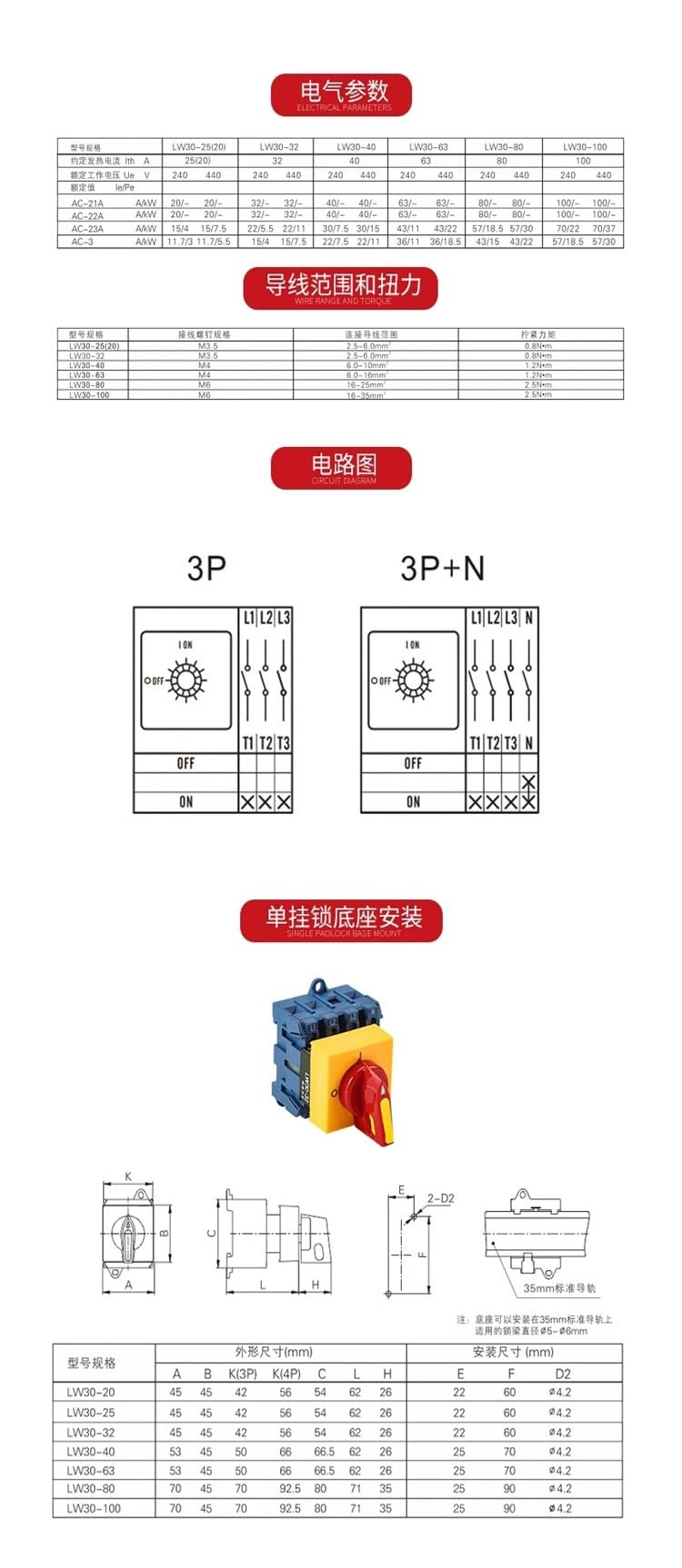 Interrupteur sectionneur LW30-25/32A, disjoncteur de charge 3P 4P, coupure courant rotative 63A(80A 4P)