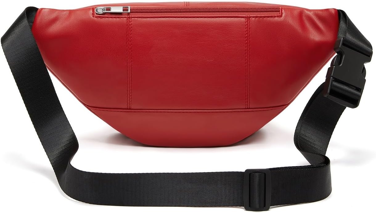 Genuine Leather Large 7 Pocket Waist Pack with Organizer, Card Slots (Red)