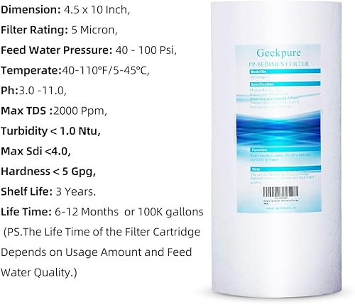Miniatura 7 de Geekpure Sistema de filtro de agua para toda la casa de 10 pulgadas con 4 filtros de sedimentos de PP: puerto de 4.5 x 10 pulgadas - 3/4 pulgadas