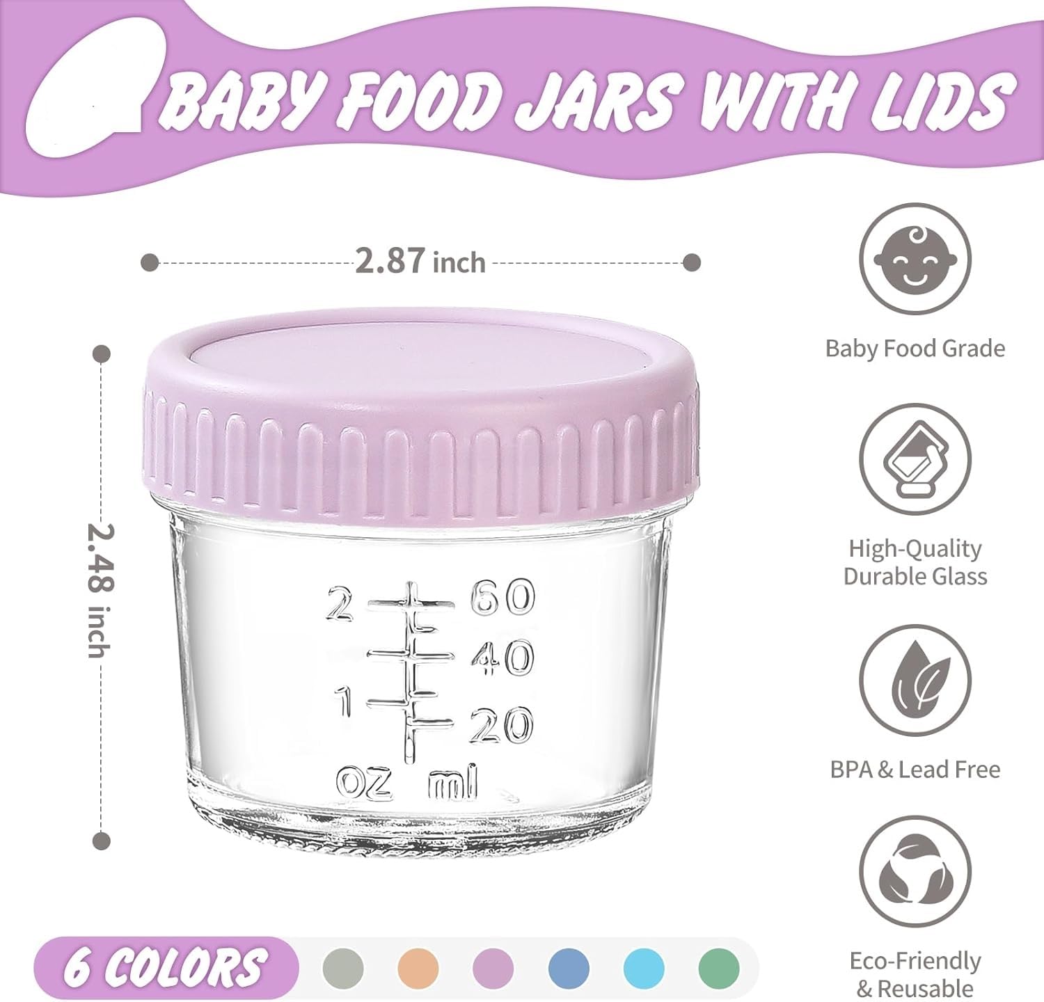 Hexwell Baby Food Storage Container With Lids Pack of 6-80Gram Reusable Leakproof Baby Food Storage Jars For Baby Purees Snacks and Meal Prep - Microwave, Freezer and Dishwasher Safes 1