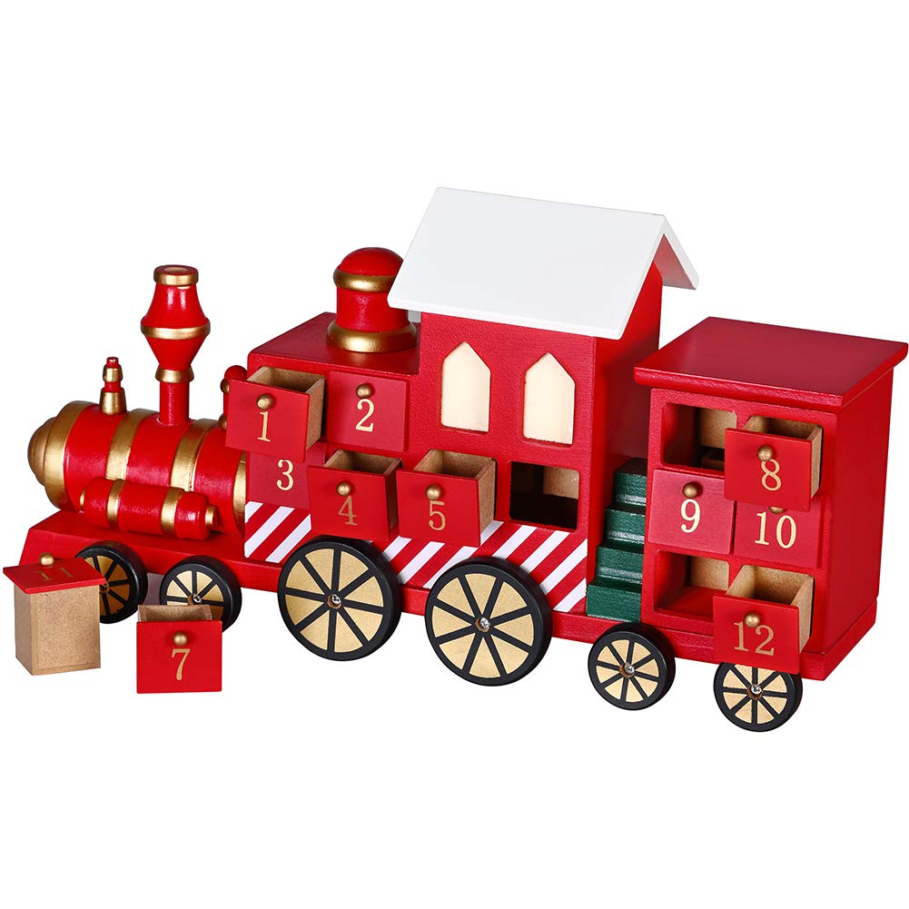 BAKAJI Calendrier de l'Avent de Noël en bois avec 24 tiroirs numérotés pour surprise, décorations de Noël, maison (train de Noël)