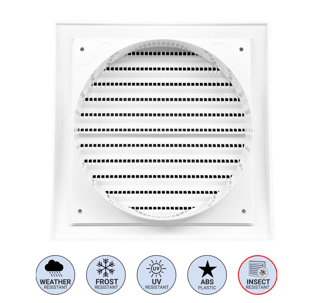 H&C VENT White Ventilation Grille with Connector and Insect Protection 7,5 x 7,5Inch / 190 x 190mm │ Vent Cover │ Extractor Air Vent Covers for Inside and Outside │ Pipe Covers for Wall Door Window - Image 3