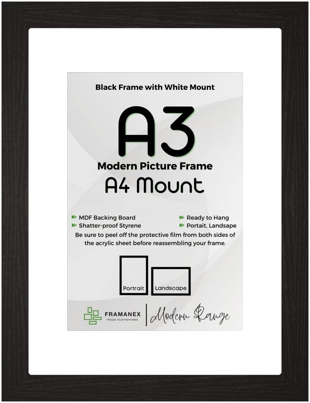 FRAMANEX BLACK Large A3 Picture Poster Frame Size 11.7 X 16.5 inch, 29.7 X 42cm, 297 X 420mm with White mount to fit image print size A4, 8 X 12 inches, 21 X 30cm, 210 X 300mm [BLACK A3/A4 Frame]