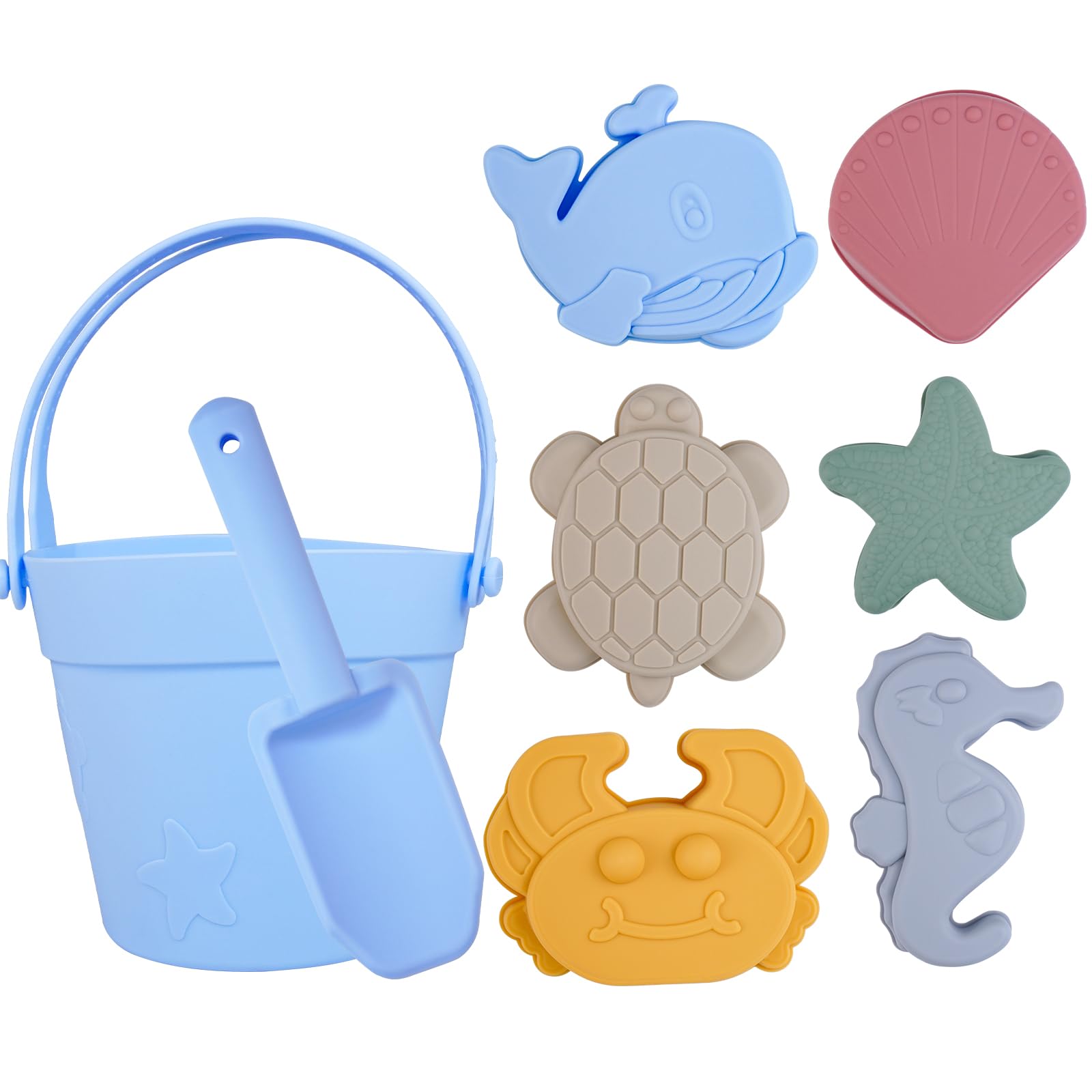 JasCherry Silicone Beach Toys Set, 8 Pcs Sand Toys for Kids, Non-Toxic Outdoor Water Play Set for Toddlers, Beach Bucket with Shovel, Animal Molds, Summer Vacation Essentials Outdoor Play (Sky Blue)