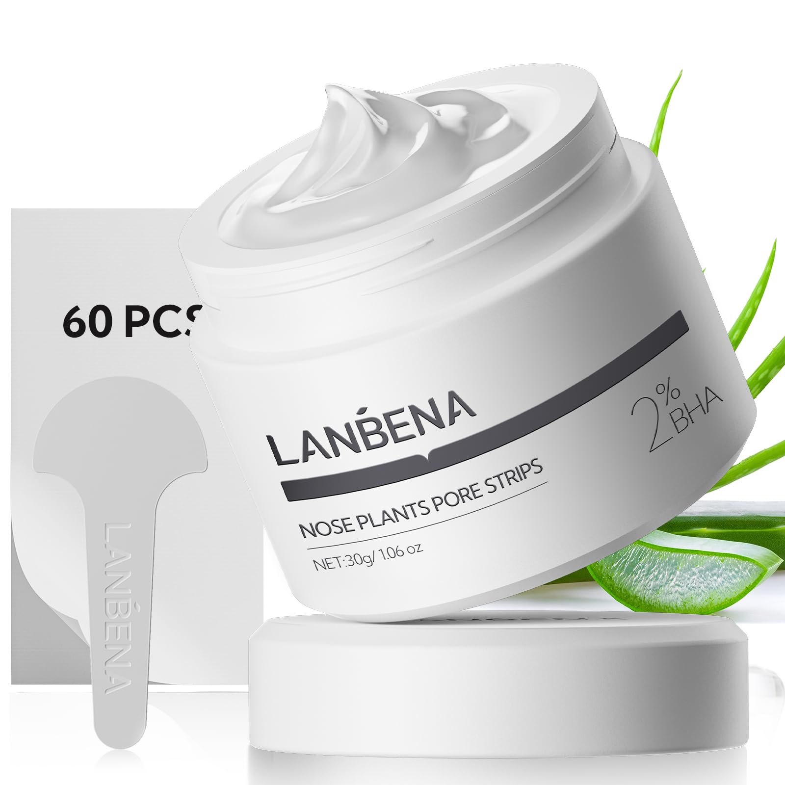 LANBENA 2.0 Salicylic Acid Blackhead Remover Mask, Nose Plants Pore Strips, Pore Cleanser Purifying Peel off Face Mask with 60 PCS Strips, Amazonian White Clay Plants Aloe Facial Mask, (1.05 Ounce)