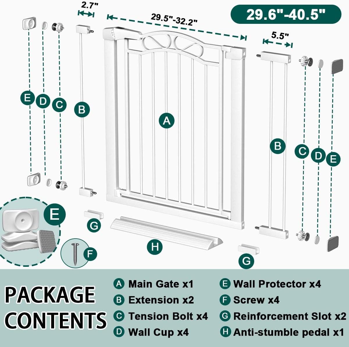 Fairy Baby 29.5"-40.5" Extra Wide Baby Gate, Metal Child Safety Gate for Kids Or Pets, Long Dog Gates Indoor No Drill for House Doorway, Pressure Mounted Easy Walk Through Pet Gate with Door, White