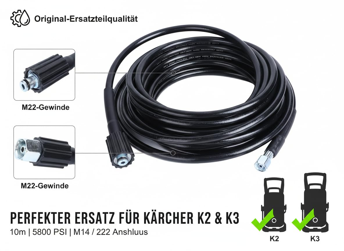 Tuyau de Nettoyeur Haute Pression 10m, Filetage M14xM22, Accessoires de Nettoyage Haute Pression pour K2 K3