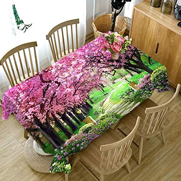 Rectangle Tablecloth in Washable Polyester Dinning Table Cloth Waterproof Garden Cherry Tree Tablecloth Rectangle End Table Pink Green 152x228CM