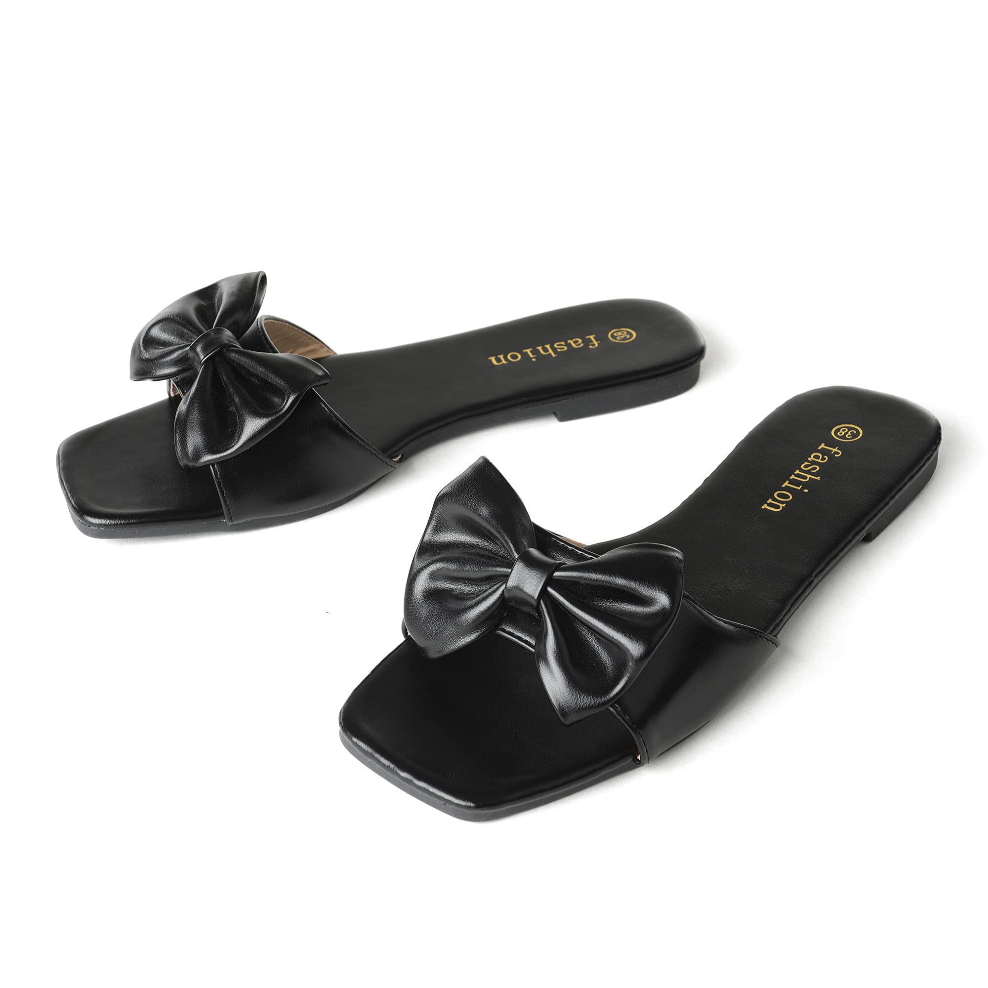 Flat Sandals For Women Bow-knot Flat Slides Sandals Open Toe Square Slip On Low Heeled Summer Shoes Slip On