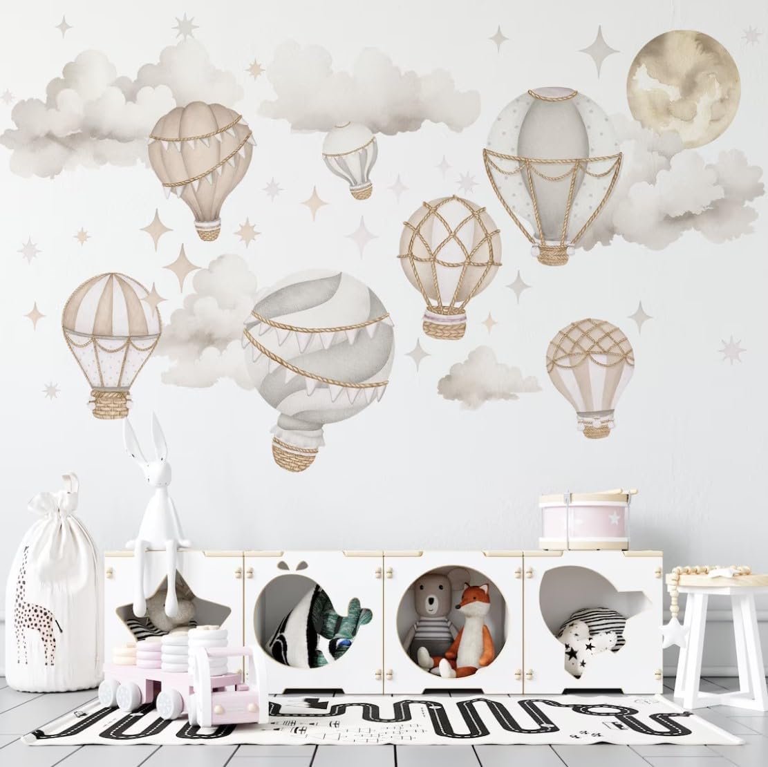 Hot Air Balloon Wall Decor – Peel & Stick Removable Wall Decals with Stars & Clouds, Beige Decor, for Nursery Kids Playroom Baby Small (36" x 36")