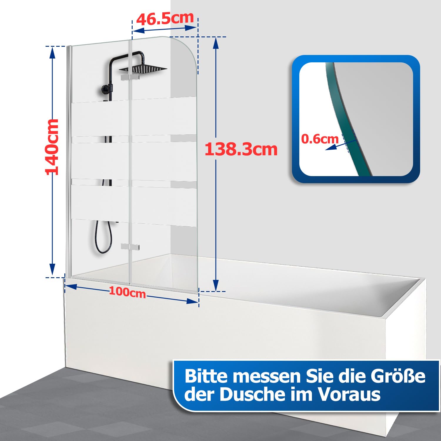 Mampara de ducha para bañera 100 x 140 cm, 2 piezas, plegable | Cristal templado de seguridad de 6 mm, nano a doble cara, giratorio 180°, fácil de limpiar, serigrafía blanca