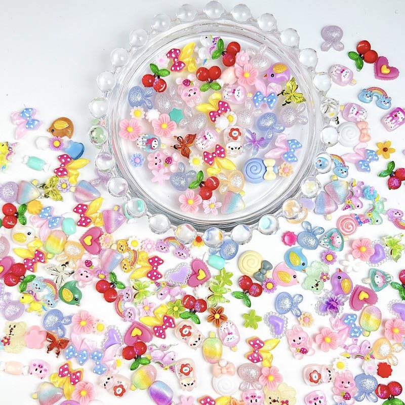 COOSLIM 150pcs Cute & Sweet 3D Candy Nail Charms, Flower Strawberries Cherry Bear Butterfly Animal Shape Charms, Perfect for Nail Art Decorations & DIY Accessories Crafts