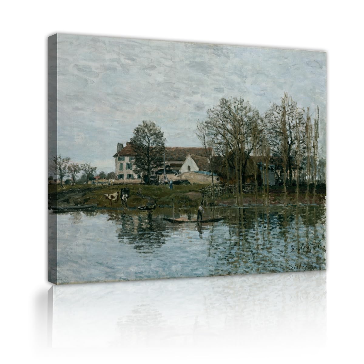 TOANGWALL Serene River Landscape Canvas Wall Art Kitchen Alfred Sisley The Seine at Port Marly Famous Painting Framed Picture for Lounge Decor 70x85cm
