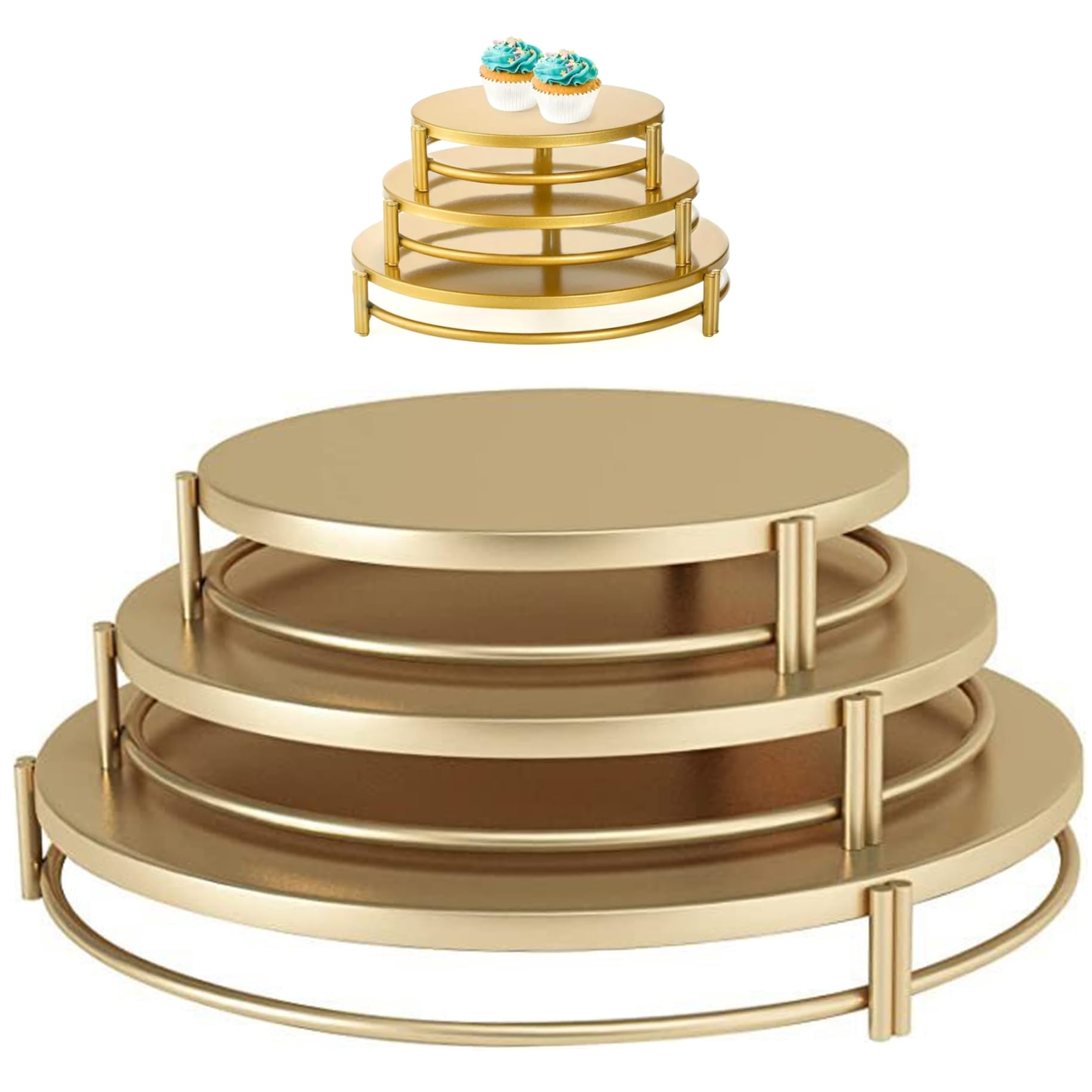 Juego de 3 soportes para cupcakes de metal dorado (8 ″, 10 ″, 12 ″), soportes redondos para pasteles de postre con base estable para decoración de mesas de bodas, fiestas de cumpleaños y eventos