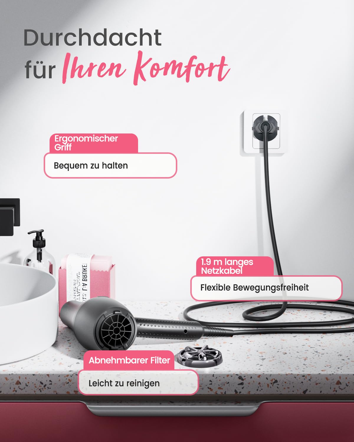 Dekuri Föhn Ionen Profi | Fön Haartrockner Hair Dryer Haarföhn mit 1 Diffusor 2 Stylingdüse, 3 Heiz und 2 Geschwindigkeitsstufen (Anthrazit)