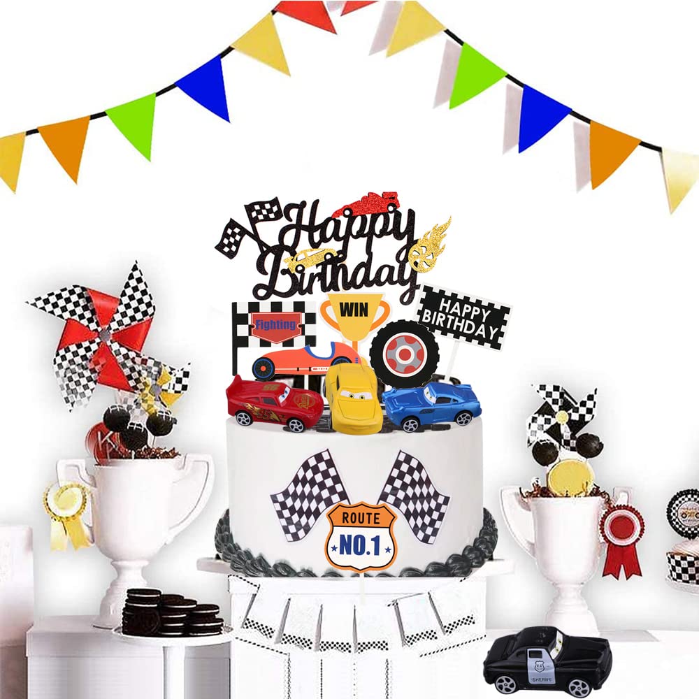 Auto-Kuchendeko Set – 13-teilig, Plastik & Papier, Für Geburtstagstorten, Kindergeburtstag & Rennparty