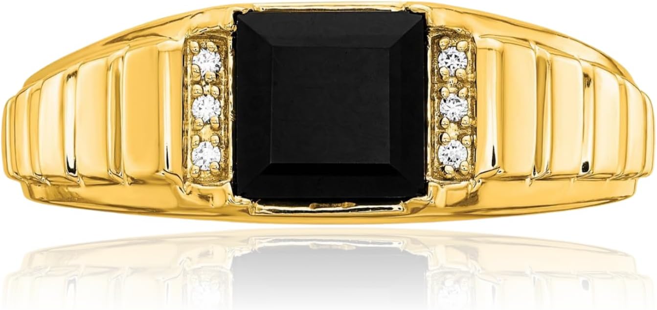 IceCarats 14K Solid Yellow Gold 1.63 carat Black Onyx Diamond Accent Square Octagon/Statement Fashion Ring 2.3mm Slim Band Prong Set