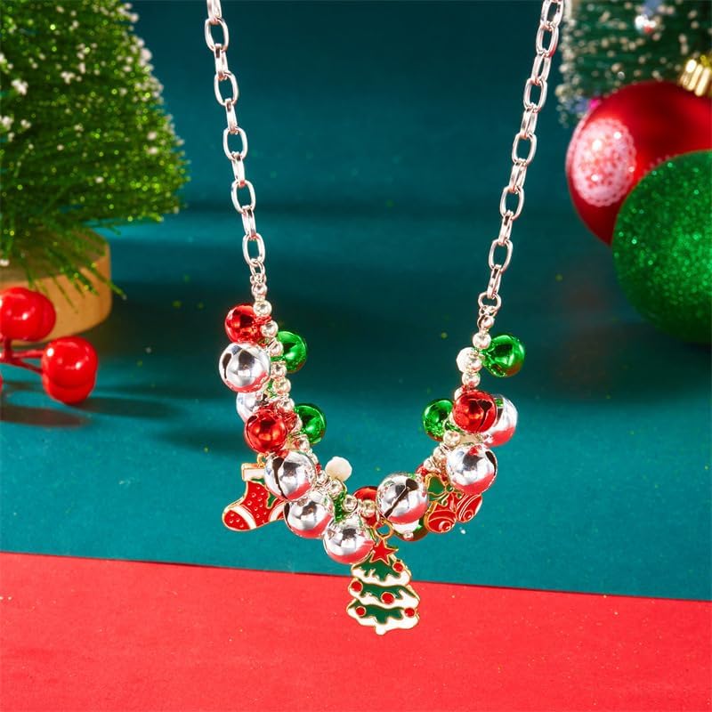 Dainty Christmas Tree Pendant Red Green Jingle Bells Baeded Necklace for Women Statement Creative Stocking Bow Bell Charm Adjustable Choker Xmas Party Holiday Festive Jewelry Winter Accessory - Image 4