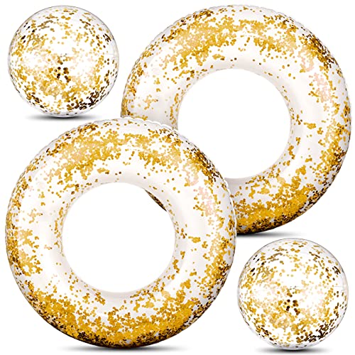 Hungdao 4 Pcs Glitter Inflatable Pool Float Tube Confetti Swim Ring and Glitter Beach Ball Confetti Inflatable Beach Ball for Adult Teens Summer Pool Favor(Gold)
