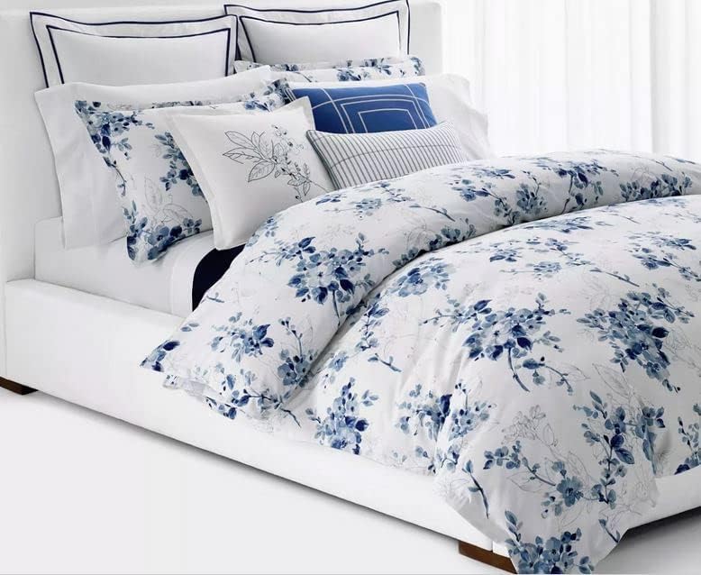 Lauren Ralph Lauren Beautiful Watercolor Sandra Grey Navy Blue Floral King 3 pc Duvet Cover Set Shams White Luxurious 100% Cotton Sateen Silky Smooth