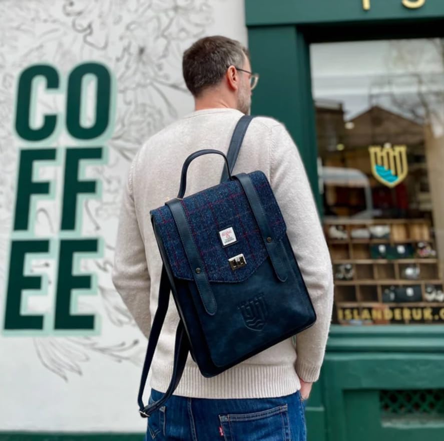 Islander Carloway Backpack for Men & Women, With Laptop Sleeve, Harris Tweed Vegan Leather (Navy Over-Check) - Image 6