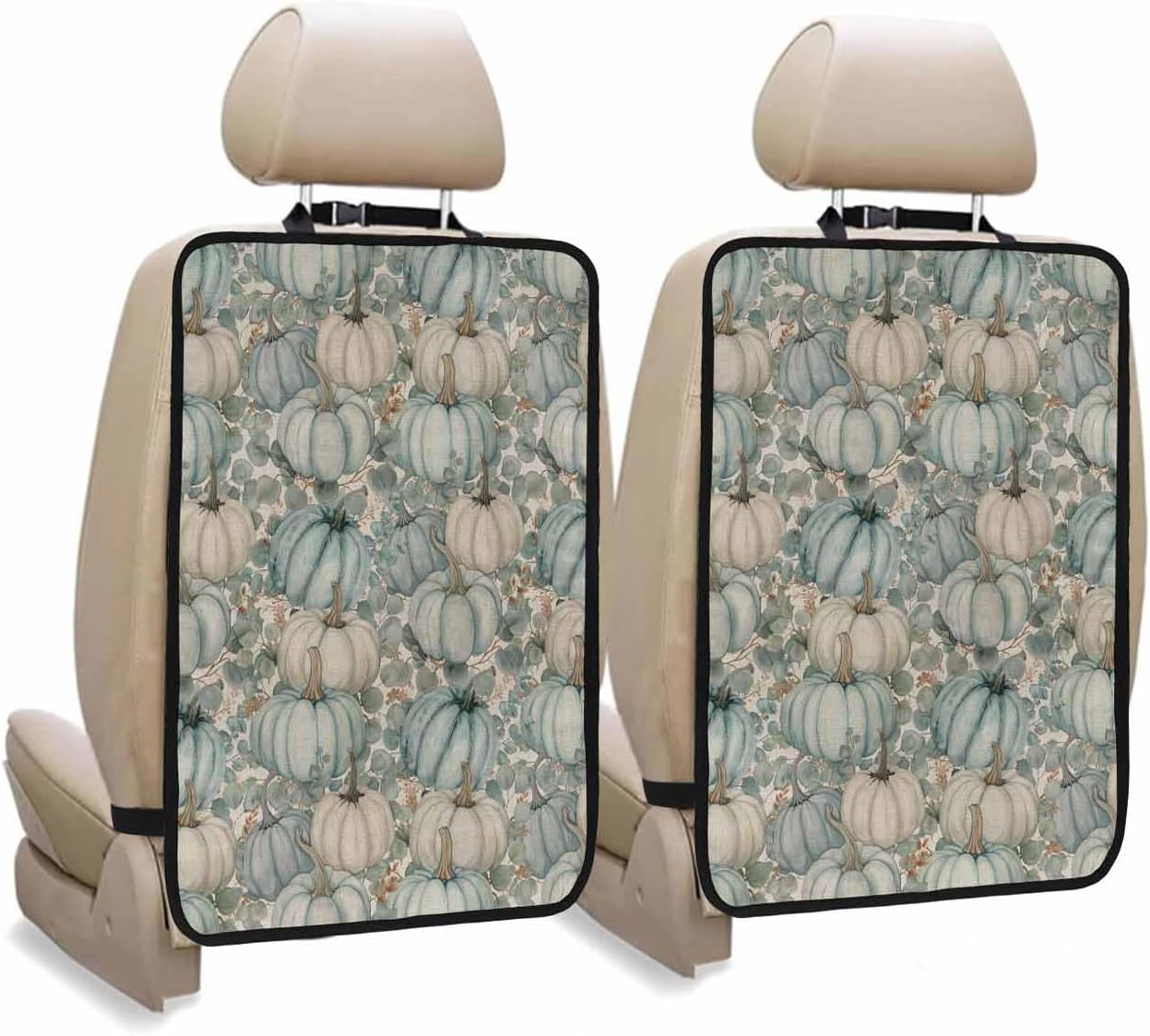 Car Seat Protector, 2 Pack Kick Mats Back Seat Protector Fall Thanksgiving Green Pumpkin Eucalyptus Leaves Linen Waterproof Backseat Cover for Kids Universal Fit Automotive Interior Protectors